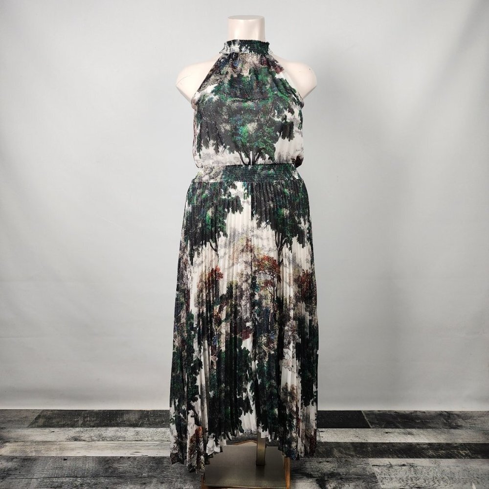 WHITE House Black Market Green Floral Halter Neck Pleated Skirt Dress Size 16